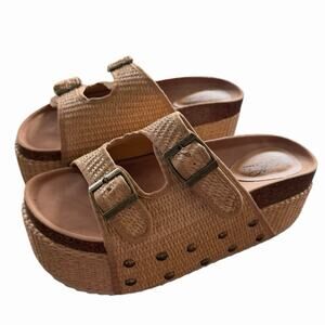 Woven Raffia Platform Slide Sandals 8.5 Double Buckle Boho Resort Coastal 90s